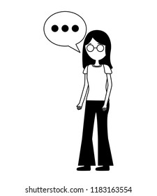 young woman with eyeglasses and speech bubble