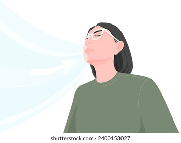 Los ojos de una joven mujer cerraban el pensamiento y respiraba aire fresco con emoción feliz en la ilustración vectorial plana.