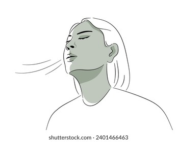 Los ojos de una joven mujer cerraban el pensamiento y respiraba aire fresco con emoción feliz en el vector de dibujo de líneas.