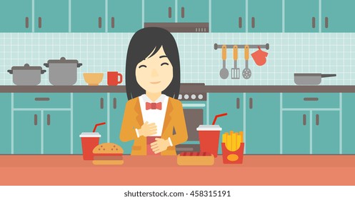 Young woman with eyes closed touching her tummy. Satisfied woman had the best ingestion. Woman standing in front of table with fast food in the kitchen. Vector flat design illustration. Horizontal