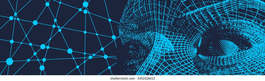 Young woman face from a 3d grid. Wire frame model. Polygonal geometric design. Molecule and communication background. Connected lines with dots.