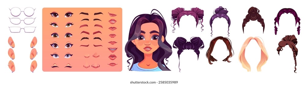 Young woman face construction set isolated on white background. Vector cartoon illustration of female character avatar constructor, different color eyes, eyebrows, noses, lips, hairstyles, body parts