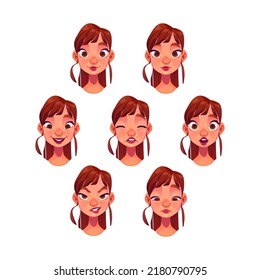 Young woman face with different emotions. Vector cartoon set of girl happy, cry, shy, angry, skeptic and surprise isolated on white background. Female character portraits