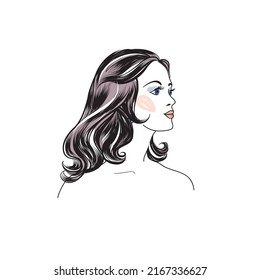 Young woman face. Female portrait. Lady profile with beautiful long hair. Beauty salon illustration