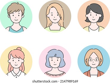 Young woman face icon set