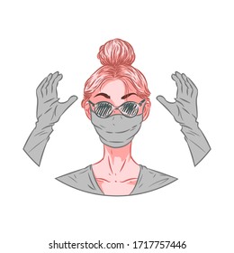 Young woman in face mask and gloves, coronavirus protection, social isolation, vector illustration