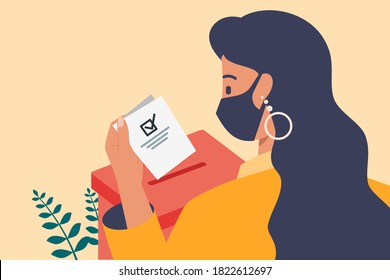 Young Woman with Face Mask Putting Vote Paper into Election Box for General Regional or Presidential Election During Pandemic. Flat Design Cartoon Style Vector Illustration