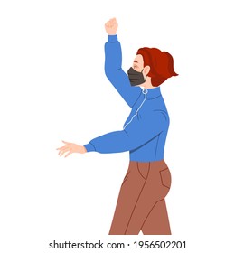 Young Woman in Face Mask Raising Her Hand Up Supporting Street Protest Against Human Rights Violation Vector Illustration