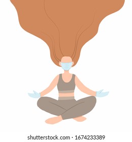 Young woman with face mask sitting in lotus position and doing yoga, flat style. Stress concept vector illustration. Quarantine, coronavirus epidemia safety.