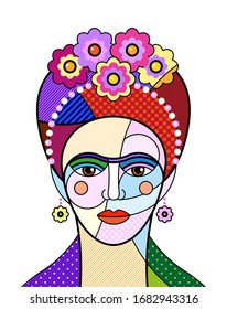 young Woman Face Modern colourful pop art graphic element for your design. Vector Mexican artistic illustration in pop-art comic style.