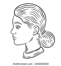 Young woman face profile, beautiful girl portrait side view outline icon. Female head, fashion hairstyle. Elegant businesswoman. Human user facial avatar. Cosmetic, beauty hair, scin care. Line vector