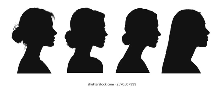  young woman face profile silhouette set - vector illustration