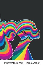 Young Woman Face Psychedelic Color Wavy Lines Portrait Style