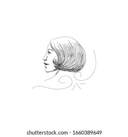 Young woman face side with hair caret hand drawing. Vector black and white graphic