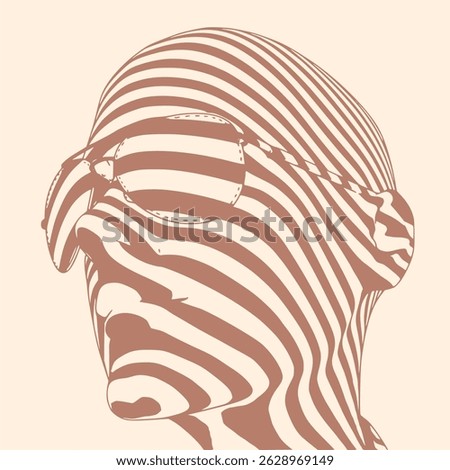 Young woman face side view represented in stripes. Elegant silhouette of a female head. Beauty person wearing sunglasses
