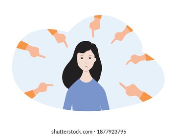 Young woman face surrounding pointing fingers. Concept of guilt, bully, blaming, shame, enemy, unhappy, teenager, school life. Simple vector illustration