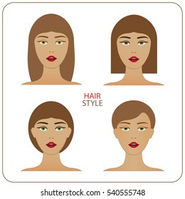 Young woman face with various hair style in Vector. Dark - blonde woman hair style. Set of cute natural women hair styling vector flat Illustration. Female hairstyles collection