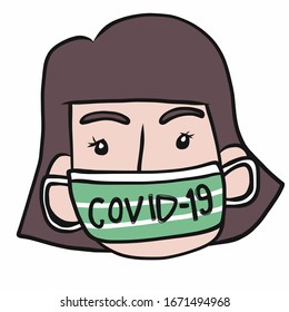 Young woman face wear hygienic mask protect Covid-19 cartoon vector illustration