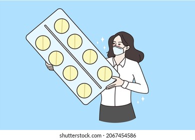 Young woman in facemask hold pills in hands protect from covid-19 pandemics. Sick ill female in facial mask with tablets medication against corona virus. Medicine, healthcare. Vector illustration. 