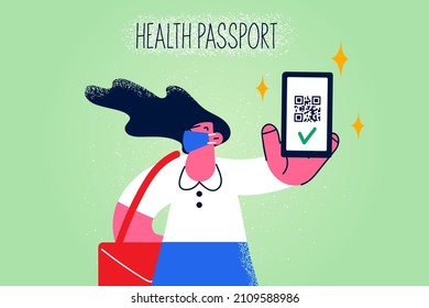 Young woman in facemask hold smartphone show covid-19 digital certificate on gadget. Female in facial mask demonstrate vaccination passport on cellphone. Corona virus. Fla vector illustration. 