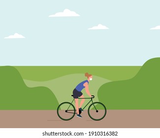 Young woman in facemask riding bicycle through park in spring time. Healthy active lifestyle. New reality. Spring sport activity. Colorful modern vector illustration in cartoon flat style.