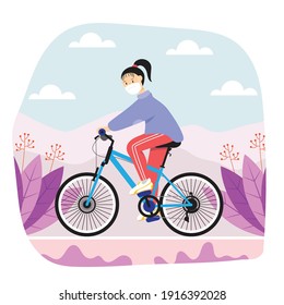 Young woman in facemask riding bicycle through park in spring time. Healthy active lifestyle. New reality. Spring sport activity. Colorful modern vector illustration in cartoon flat style.