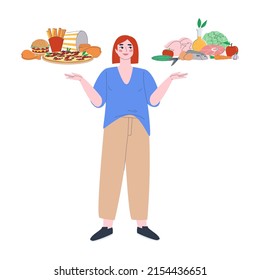 A young woman faces a choice of food. Right choice or fast food, make your choice. Flat vector illustration for business. Eps10