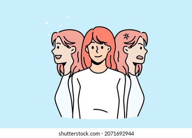 Young woman faces feel different emotions suffer from bipolar disorder. Girl have mood swings, struggle with mental disease. Health problem concept, psychotherapy. Flat vector illustration. 