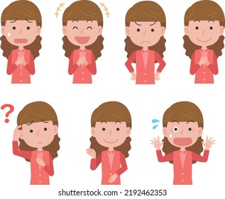 Young woman facial expression pose illustration set