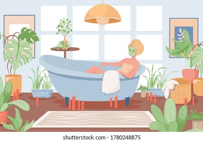 Young woman with facial mask and sliced cucumbers on eyes taking a bathtub vector flat illustration. Modern cozy bathroom interior design. Bath time, spa procedure in salon, hotel, or home leisure.