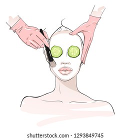 Young woman with facial mask, spa treatment. Girl receiving spa treatments. Spa skin care routine. Fashion woman sketch. Spa beauty concept. Hand drawn vector illustration. 