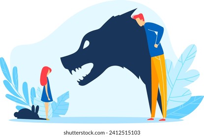 Young woman facing large shadow of aggressive wolf, man leaning observing. Fear and anxiety concept, overcoming inner demons vector illustration.