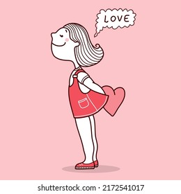 Young Woman Fall In Love. Vector Hand Drawn Pink Card Illustration With Teenager Girl And Pink Heart Love Greeting Card 