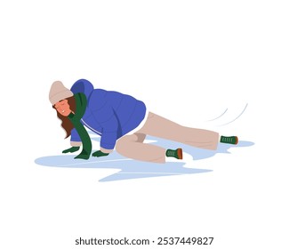 Mujer joven cayó en el pavimento de hielo resbaladizo al aire libre. La mujer resbaló en el hielo. La niña se cae, agitando las manos. Camino de invierno resbaladizo. Vector ilustración plana de dibujos animados aislados sobre fondo blanco. 