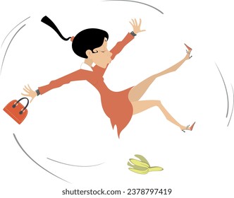 Young woman falling banana peel. 
Cartoon young woman falling down slipping on banana peel
