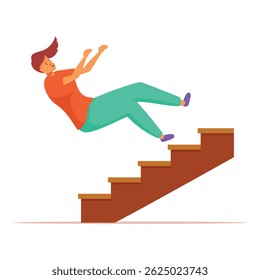 Young woman is falling down the stairs and trying to avoid injury