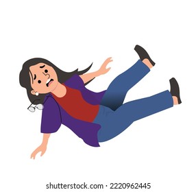 Young woman falling, female person with scared expression on her face falling backwards Cartoon vector style vector illustration.