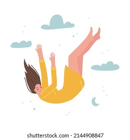 Young woman falling from sky. Female character breaks away. Metaphor concept of psychological falling down. Loss of meaning in life. Flat vector character illustration.