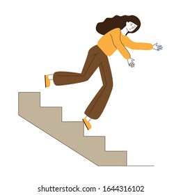 Young woman falling from staircase. Cartoon female character slipping on steps flat vector illustration. Slippery steps, injury, insurance concept for banner, website design or landing web page