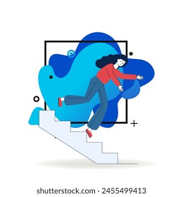 Young woman falling from staircase. Cartoon female character slipping on steps flat vector illustration. Slippery steps, injury, insurance concept for banner, website design or landing web page