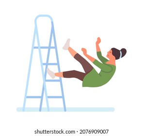 Young Woman Falling From Step Ladder. Danger Accident