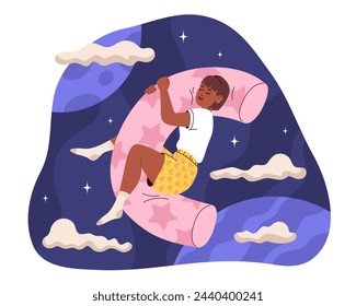 Young woman falls asleep on orthopedic body pillow. Girl hugs pillow and sleeps sweetly. Person naps among clouds, stars and planets in space. Healthy sleep, dreams. svg