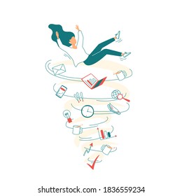 Young woman falls into a cycle of employment, charts, email, phone, reports. Concept of work in a very busy state or a lot of work, deadline, burnout, emotional exhausted. Isolated vector illustration
