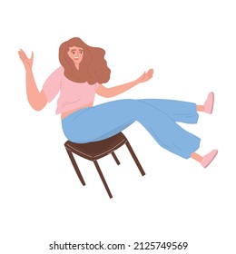 La joven se cae de la silla. El personaje femenino está volando al suelo. Una persona en una posición inestable. El concepto de fracaso. Ilustración vectorial de dibujos animados sobre un fondo blanco aislado.