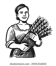 Young woman farmer with ears of wheat. Farm agriculture logo. Bread emblem vector illustration