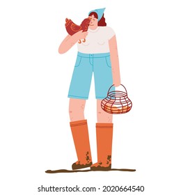 young woman farmer holding a chicken and a basket of eggs. free-range poultry breeding. Agriculture. flat illustration in modern style.