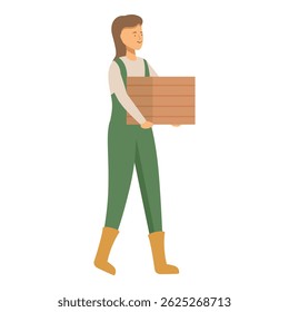 Young woman farmer is walking while carrying a wooden crate full of vegetables just harvested on her farm