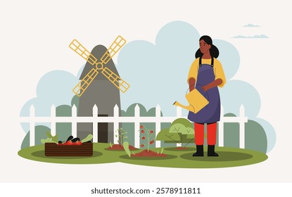 Young woman farmer wearing apron and watering plants in her vegetable garden with tomatoes, lettuce and eggplants growing near a wooden crate and a windmill in background