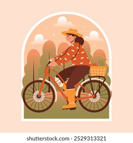 Young woman farmer worker rides on bicycle with basket full of fruits. Naive illustration with cute female person in hat and boots. Harvesting, harvest time. Autumn season. Flat Design. 