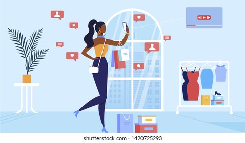 Young Woman Fashion Blogger Recording Video from Shopping and Posting in Internet for Grabbing Followers, Likes and Feedbacks. Online Translation, Blogging Lifestyle Cartoon Flat Vector Illustration.